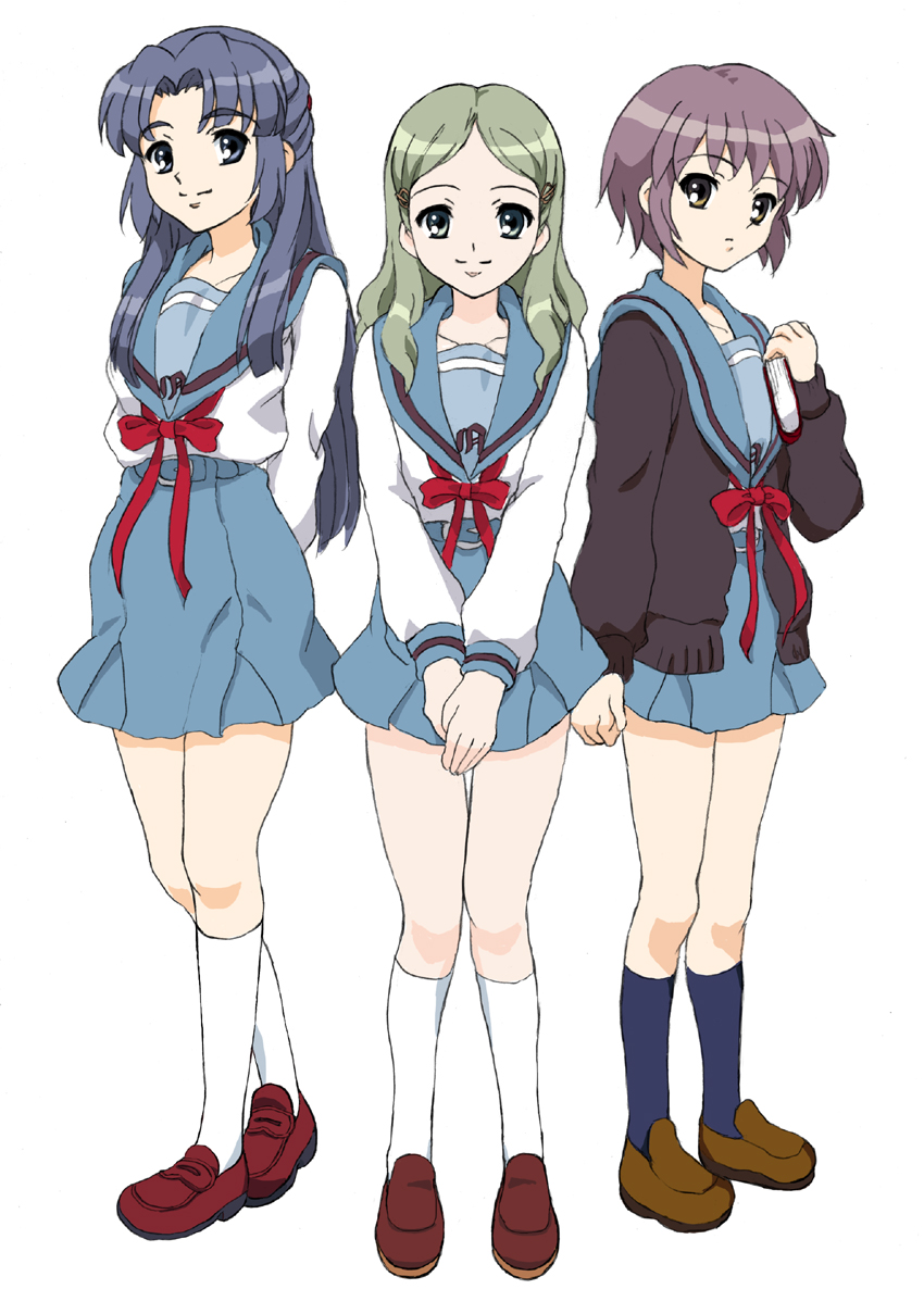 fujita (speedlimit), asakura ryoko, kimidori emiri, nagato yuki, suzumiya haruhi no yuuutsu, silver hair, highres, 00s, blue eyes, blue hair, cardigan, green eyes, green hair, long hair, school uniform, serafuku, short hair