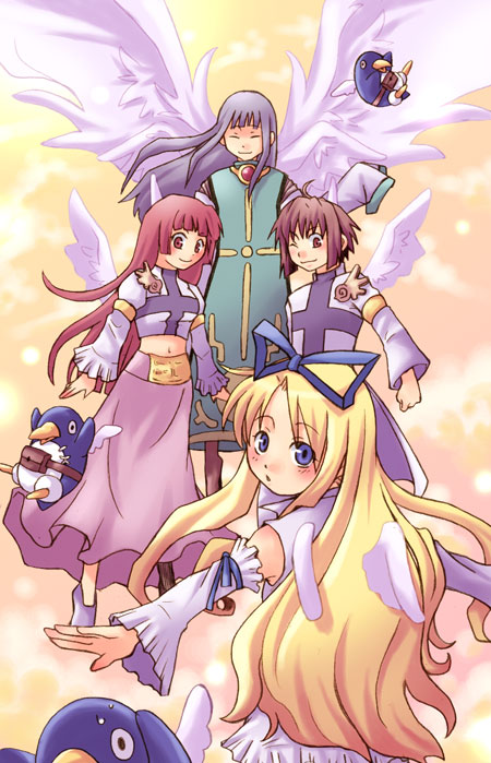 tsuyuka (sunny spot), flonne, lamington (disgaea), prinny, seraph lamington, disgaea, nippon ichi, 2boys, 2girls, blonde hair, bow, multiple boys, multiple girls, wings