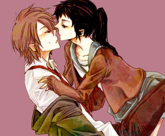kyouko (pixiv), kyouko (roughplus), koizumi itsuki, kyon, kyonko, suzumiya haruhi no yuuutsu, bad id, bad pixiv id, 00s, 1boy, 1girl, between legs, brown hair, collared shirt, face-to-face, genderswap, genderswap (mtf), half-closed eyes, hetero, imminent kiss, jacket, long sleeves, looking at another, neck ribbon, necktie, off shoulder, ponytail, purple background, red necktie, red ribbon, ribbon, school uniform, serafuku, shirt, simple background, skirt, sleeves past wrists, white shirt