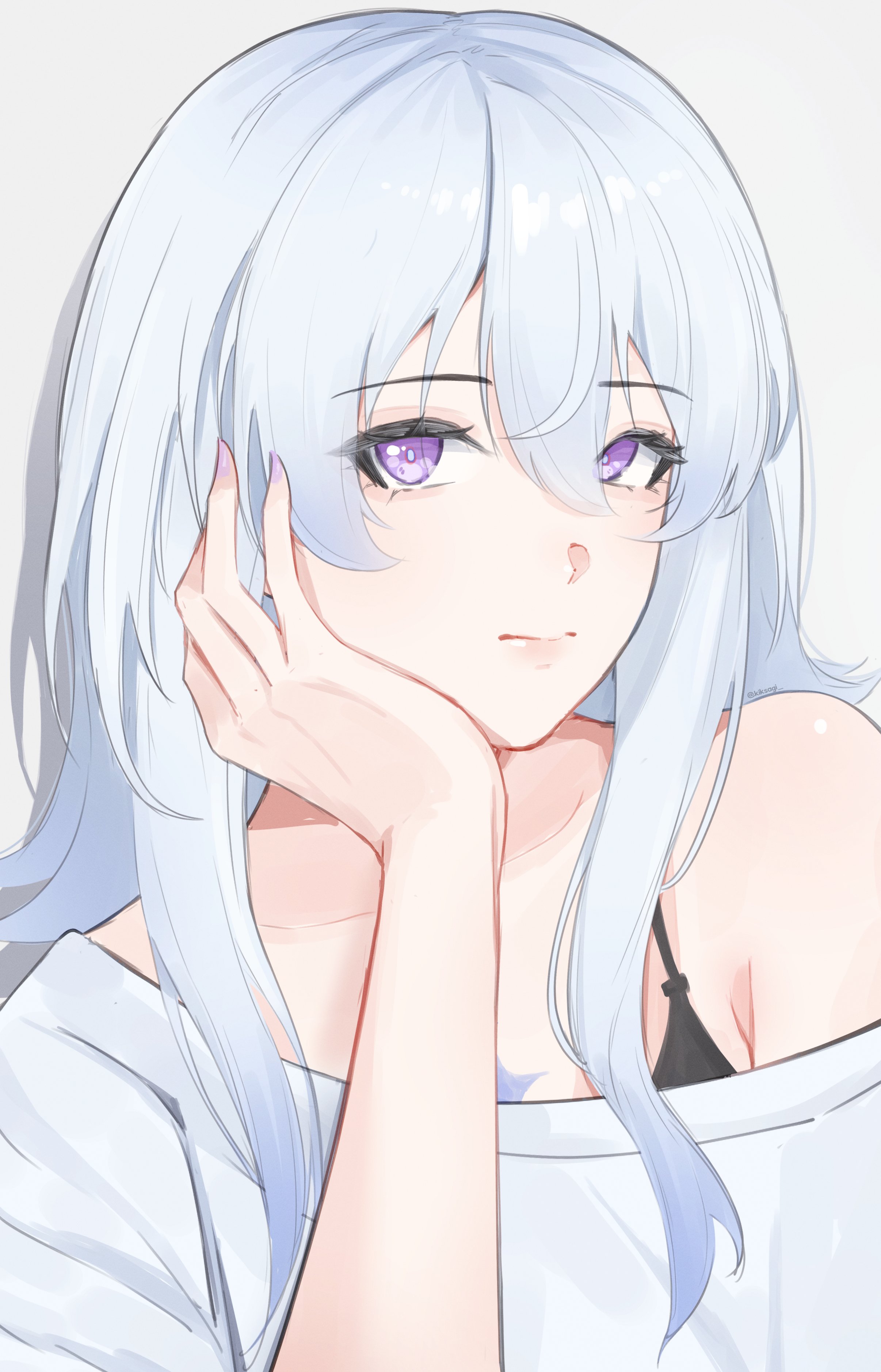 kiksagi, shorekeeper (wuthering waves), wuthering waves, absurdres, commentary, highres, symbol-only commentary, 1girl, alternate costume, black bra, blue pupils, bra, bra peek, fingernails, grey hair, hair between eyes, head rest, long hair, looking at viewer, nail polish, purple eyes, purple nails, shirt, single off shoulder, solo, underwear, upper body, white shirt