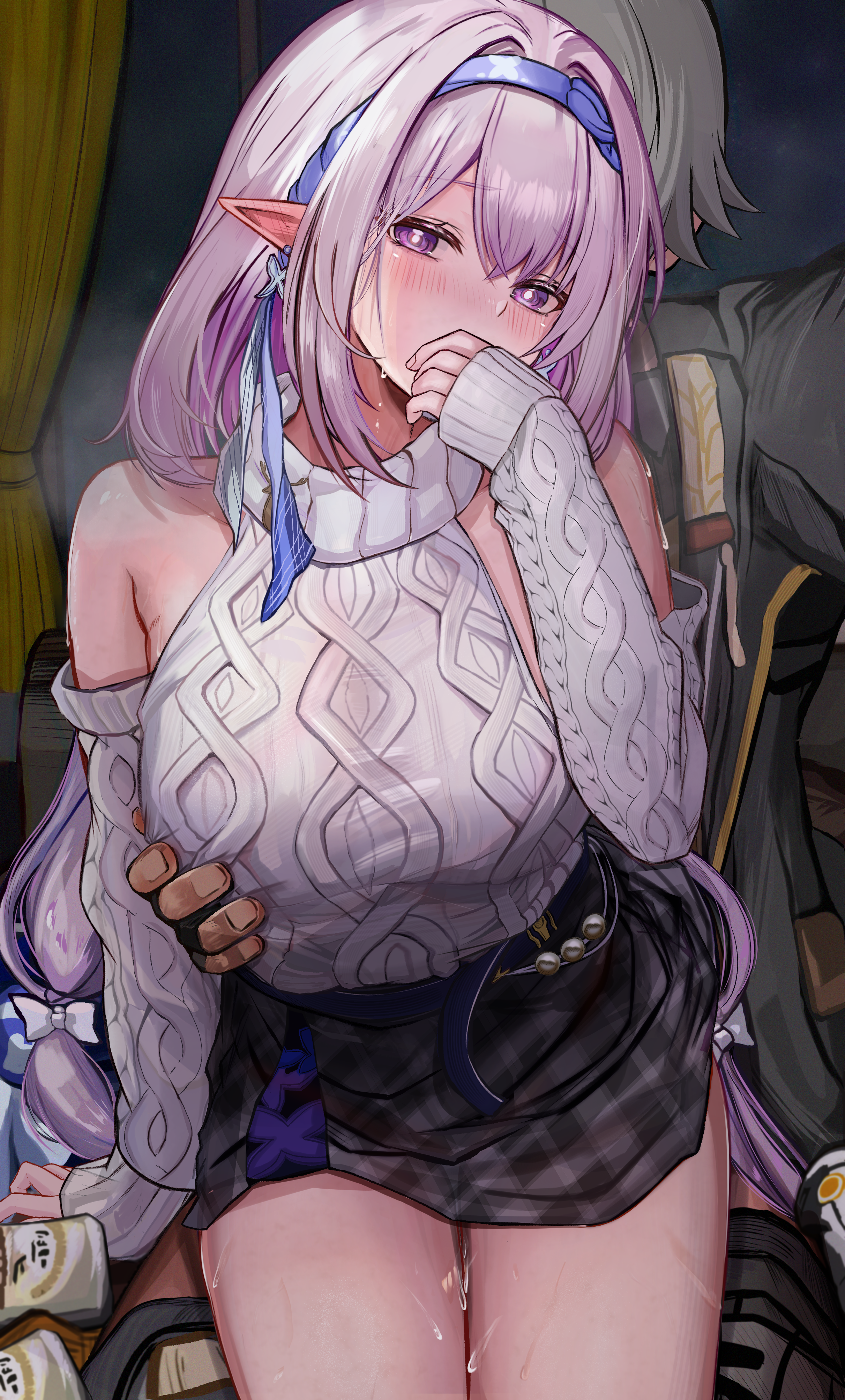 efuri (riarea00), caelus (honkai: star rail), castorice (honkai: star rail), trailblazer (honkai: star rail), honkai: star rail, honkai (series), absurdres, commentary request, highres, paid reward available, 1boy, 1girl, alternate costume, bare shoulders, black jacket, black pants, black skirt, blush, breasts, breath, butterfly earrings, can, clothed sex, clothes pull, covering own mouth, drink can, ear blush, earrings, grabbing another's breast, grabbing from behind, grey hair, groping, hair between eyes, implied sex, jacket, jewelry, large breasts, long hair, long sleeves, looking at viewer, pants, pants pull, pointy ears, purple eyes, purple hair, reverse upright straddle, sex from behind, sidelocks, sitting, sitting on lap, sitting on person, skirt, solo focus, stealth sex, sweat, sweater, thigh gap, thighs, very long hair, white sweater