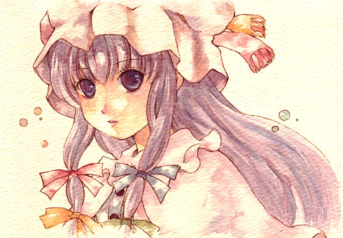 mabiko, shiroma (mamiko), shiromao, patchouli knowledge, touhou, bad id, bad pixiv id, lowres, 1girl, blue ribbon, female focus, green ribbon, hat, long hair, orange ribbon, purple eyes, purple hair, red ribbon, ribbon, solo