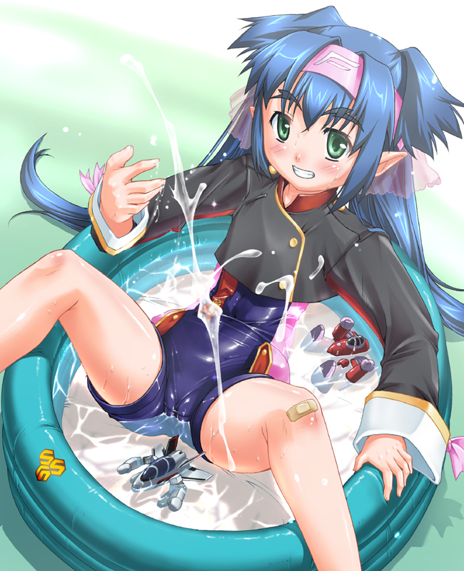 takase yuu, klan klein, meltrandi, queadluun-rea, vf-25, zentradi, macross, macross frontier, bad id, bad pixiv id, 00s, 1girl, arm support, armor, bandaid, bandaid on knee, bandaid on leg, blue hair, blush, bodysuit, buttons, cameltoe, covered navel, crop top, dutch angle, emblem, female focus, figure, flat chest, gerwalk, green eyes, grin, headband, hip focus, lace, loli, long hair, long sleeves, lying, mecha, on back, partially submerged, pointy ears, power armor, quad tails, reclining, ribbon, robot, s.m.s., see-through clothes, shiny clothes, short twintails, sleeve cuffs, smile, solo, splashing, spread legs, submerged, swimsuit, teeth, thick eyebrows, toy, twintails, unitard, very long hair, wading pool, water, wet, wide sleeves