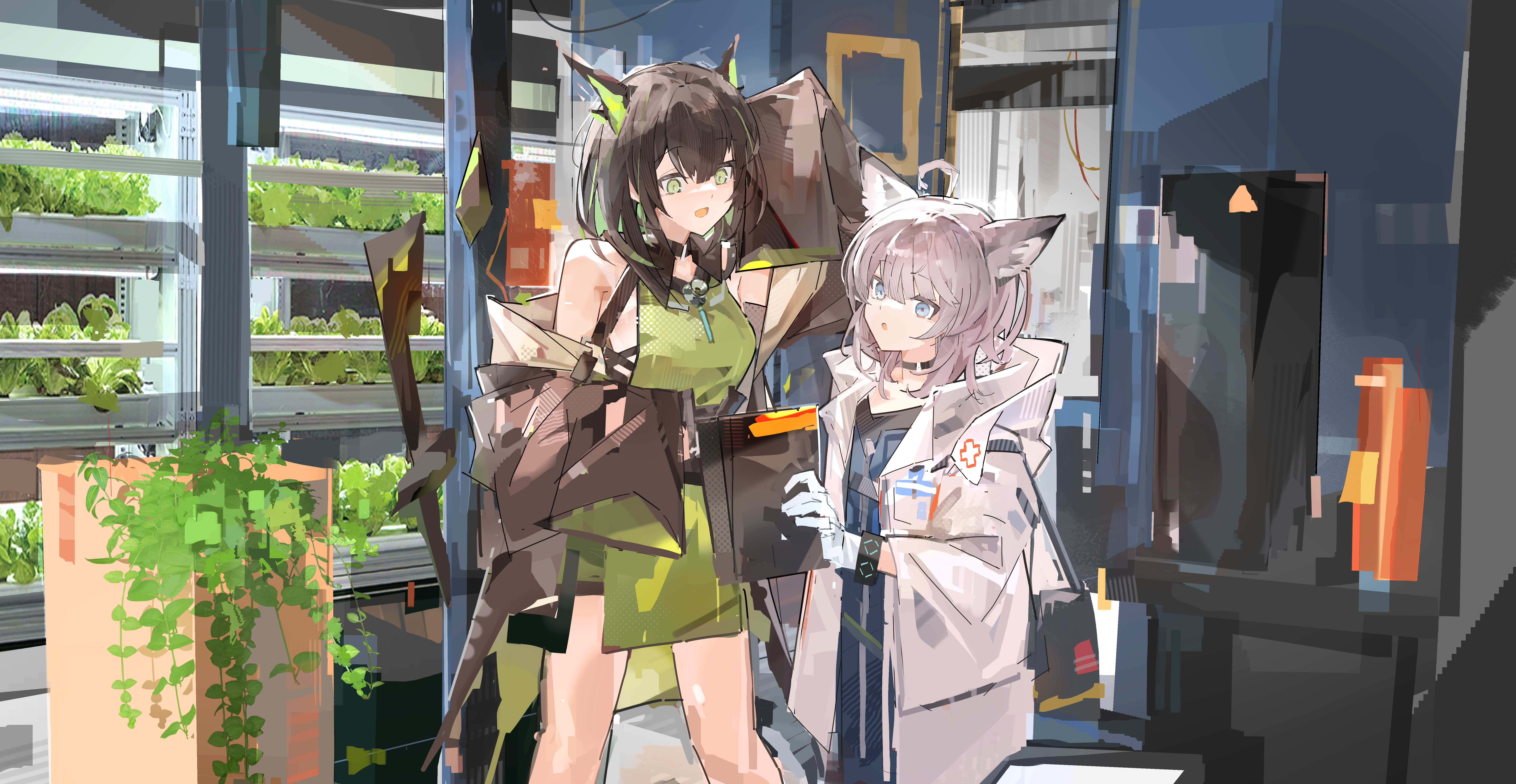 jumbowhopper, infection monitor (arknights), mon3tr (arknights), sussurro (arknights), arknights, absurdres, highres, 2girls, animal ears, black choker, black hair, black jacket, blue eyes, blue vest, cat ears, choker, coat, dress, extra ears, fox ears, fox girl, fox tail, gloves, green dress, green eyes, green hair, grey hair, holding, hood, hood down, hooded coat, jacket, long sleeves, medium hair, multiple girls, open mouth, sleeves past fingers, sleeves past wrists, tail, vest, white coat, white gloves