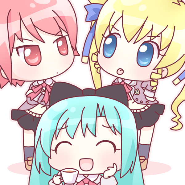 mirai (sugar), hayama kotono, hijiri misaki, shirafuji natsuki, saint october, 00s, 3girls, :d, ^ ^, blonde hair, blue eyes, blue hair, chibi, closed eyes, multiple girls, open mouth, red eyes, red hair, ribbon, school uniform, serafuku, smile, twintails