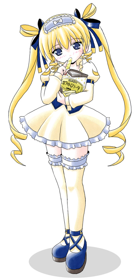 imai kazunari, shirafuji natsuki, saint october, 00s, blonde hair, blue eyes, dress, food, frills, gothic lolita, lolita fashion, solo, thighhighs, twintails