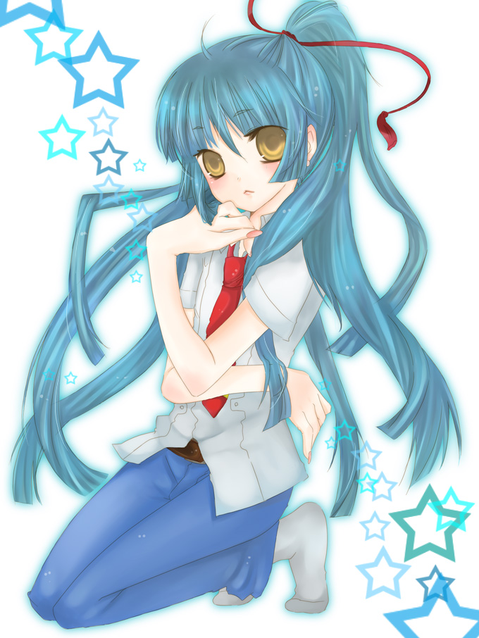 saotome alto, macross, macross frontier, gender request, 00s, 1girl, :<, blue hair, female focus, genderswap, long hair, necktie, school uniform, solo, yellow eyes