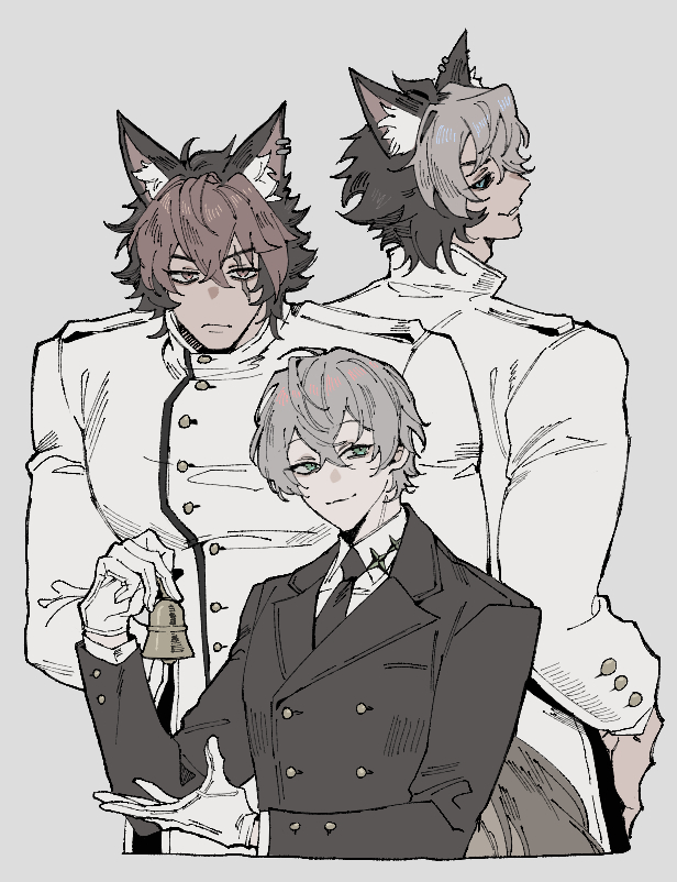 seho (kdldlcl), komano manato, komano manato (white heart silhouette), wise (zenless zone zero), zenless zone zero, 3boys, animal ears, black hair, blue eyes, dog boy, dog ears, green eyes, grey hair, hair between eyes, jacket, looking at viewer, male focus, multicolored hair, multiple boys, muscular, muscular male, official alternate color, official alternate costume, official alternate hair color, pectorals, red eyes, red hair, scar, scar across eye, scar on face, shirt, short hair, smile, white background, white hair, white shirt