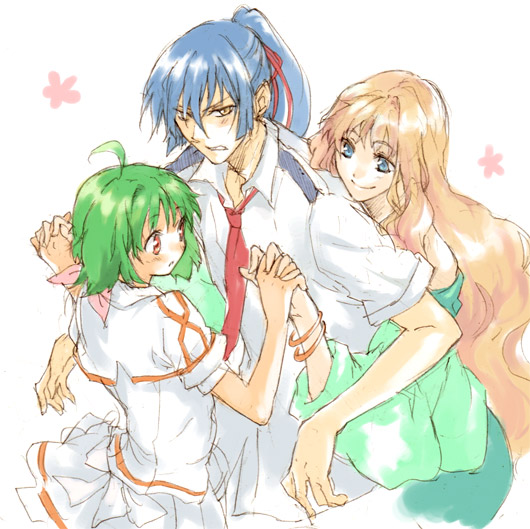 ranka lee, saotome alto, sheryl nome, macross, macross frontier, 00s, 1boy, 2girls, blue hair, green hair, holding hands, multiple girls, school uniform