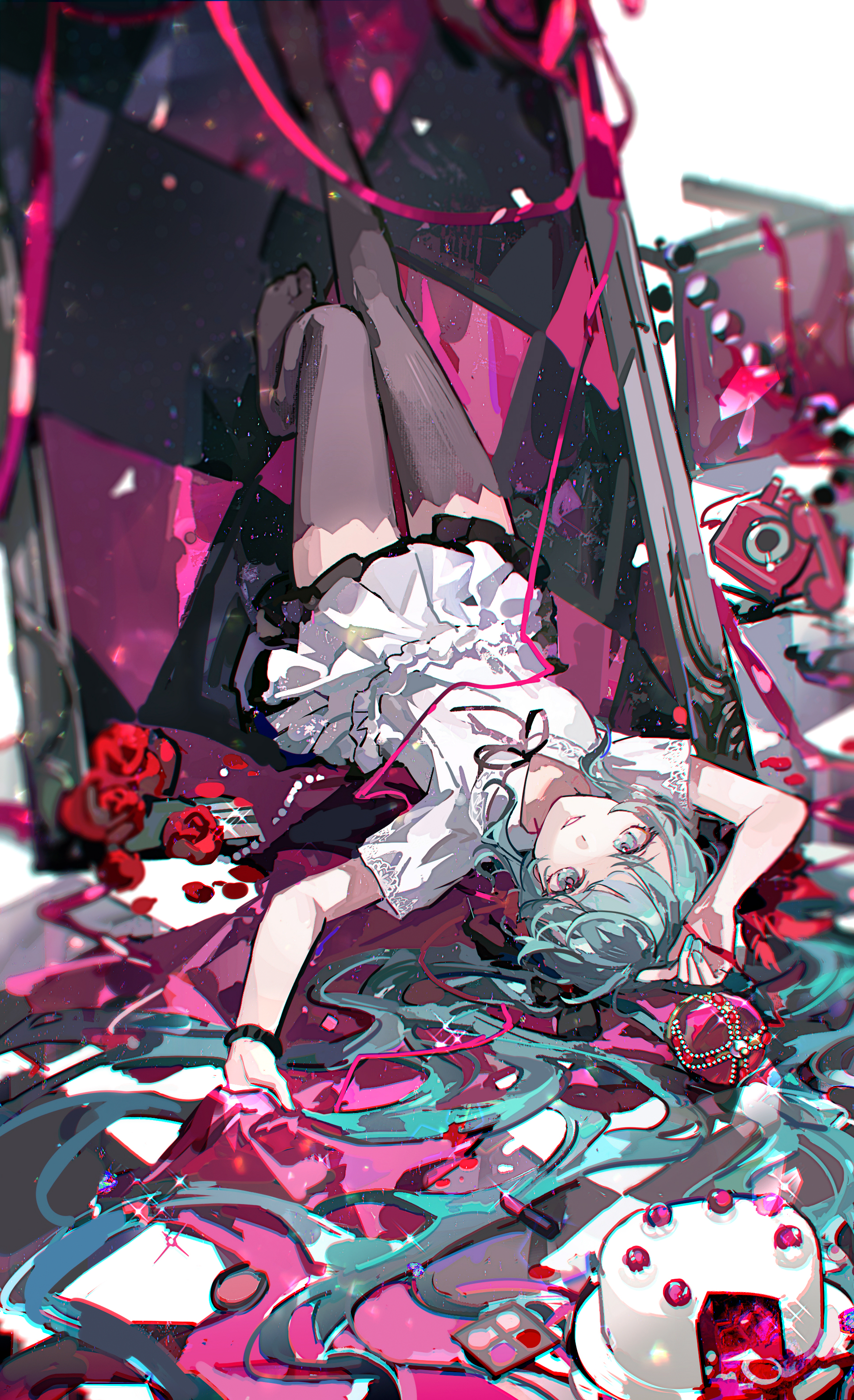 mento, hatsune miku, vocaloid, absurdres, highres, 1girl, aqua eyes, aqua hair, black thighhighs, bracelet, cake, checkered floor, cosmetics, dress, flower, food, hair ribbon, jewelry, lipstick tube, long hair, looking at viewer, makeup palette, messy room, open mouth, phone, red flower, red rose, ribbon, rose, skirt, smile, solo, thighhighs, twintails, very long hair, zettai ryouiki