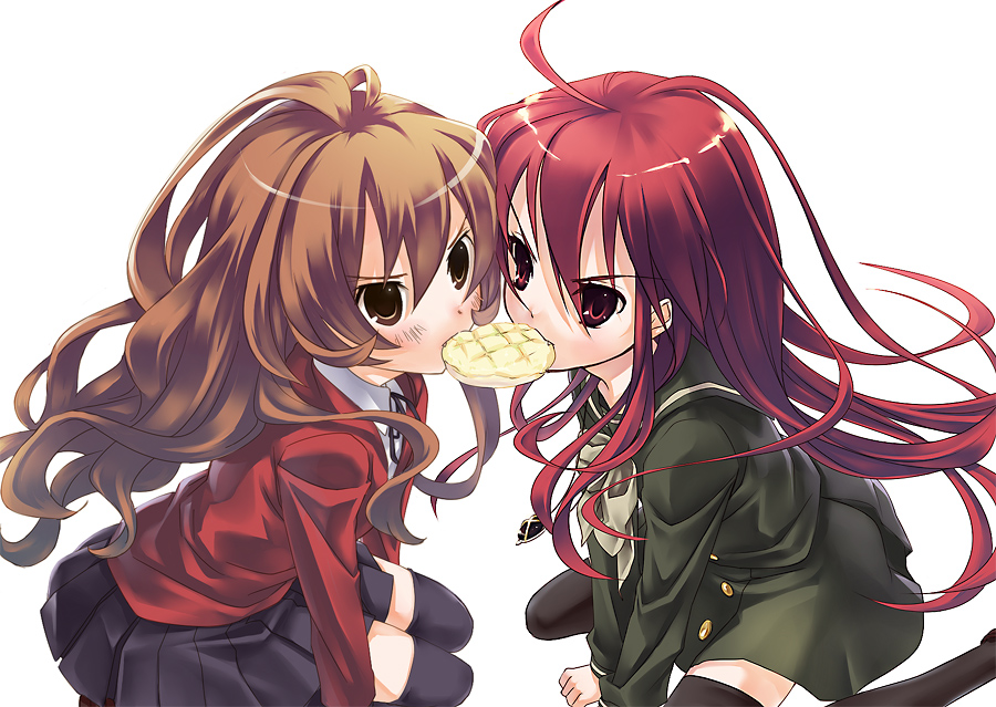 tomiwo, aisaka taiga, alastor (shakugan no shana), kugimiya rie, shana, shakugan no shana, toradora!, 00s, 2girls, ahoge, angry, blazer, bread, brown eyes, brown hair, crossover, food, jacket, jewelry, long hair, melon bread, multiple girls, pendant, red eyes, red hair, school uniform, serafuku, symmetry, thighhighs, very long hair, voice actor connection