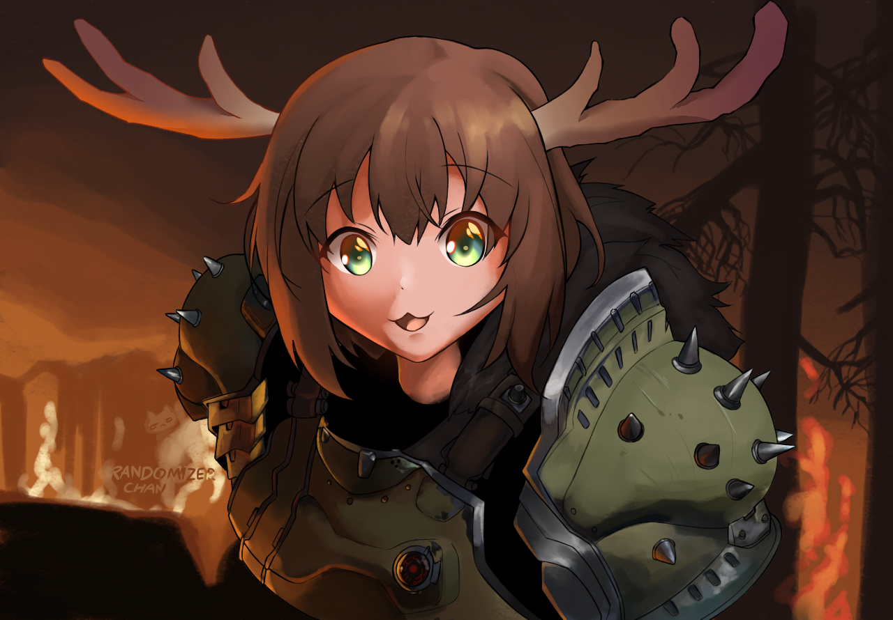 randomizerchan, shikanoko noko, doom (series), shikanoko nokonoko koshitantan, antlers, armor, artist name, brown hair, cat, deer antlers, deer girl, doomslayer, eyebrows hidden by hair, fire, fur trim, green eyes, hair between eyes, looking at viewer, my deer friend nokotan, open mouth, parody, short hair, spikes, tree
