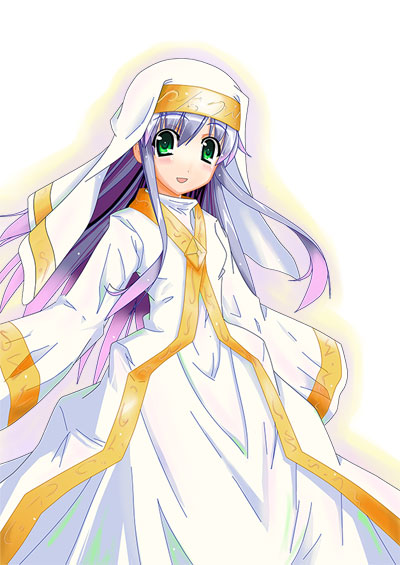 kajun, index (toaru majutsu no index), toaru majutsu no index, silver hair, 00s, 1girl, blush, cloak, cowboy shot, female focus, long hair, long sleeves, looking at viewer, nun, simple background, solo, standing, tareme, veil, very long hair, white background