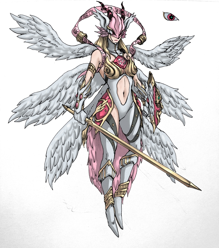 angewomon, tailmon, digimon, original, 1girl, armor, digimon (creature), holy ring, oridigi, pixiv user (115736887), sword, weapon, wings