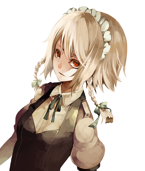 riku (artist), riku (wana), izayoi sakuya, touhou, 1girl, braid, female focus, red eyes, short hair, solo, twin braids, white hair