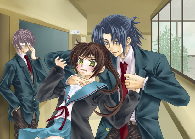 suimen, asakura ryo, asakura ryoko, kyon, kyonko, nagato yuki, nagato yuuki, suzumiya haruhi no yuuutsu, 00s, 1girl, 2boys, bad anatomy, blue hair, brown hair, genderswap, genderswap (ftm), genderswap (mtf), glasses, groping, multiple boys, opaque glasses, ponytail, poorly drawn