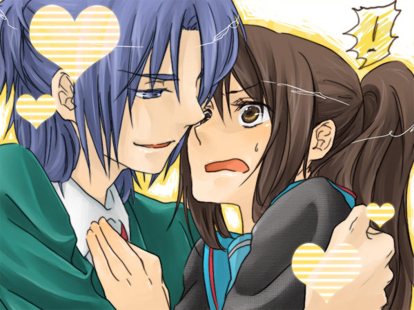 tsukimushi, asakura ryo, asakura ryoko, kyon, kyonko, suzumiya haruhi no yuuutsu, bad id, bad pixiv id, 00s, 1boy, 1girl, blue hair, brown hair, genderswap, genderswap (ftm), genderswap (mtf), heart, ponytail