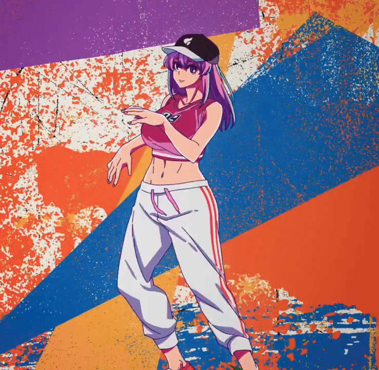byobugaura homare, sazanami kuina, tougen anki, animated, animated gif, tagme, 2025, 20s, 2girls, bare shoulders, baseball cap, blonde hair, breasts, cleavage, crop top, dancing, grin, hat, headphones, large breasts, long hair, midriff, multiple girls, pants, pink eyes, pink hair, pink sports bra, purple pants, shirt, short hair, smile, spinning, sports bra, white pants, white shirt, yellow eyes