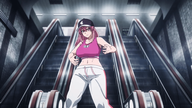 byobugaura homare, tougen anki, animated, animated gif, tagme, 1girl, 2025, 20s, bare shoulders, baseball cap, breasts, cleavage, crop top, dancing, escalator, hat, large breasts, long hair, midriff, nail polish, pants, pink eyes, pink hair, pink sports bra, smile, sports bra, subway, subway station, white pants