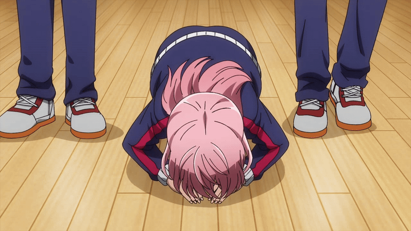 byobugaura homare, tougen anki, animated, animated gif, tagme, 1girl, 2025, 20s, apologizing, ass, bowing, jacket, kneeling, long hair, pink hair, school, shoes, sport shoes, track jacket, wooden floor