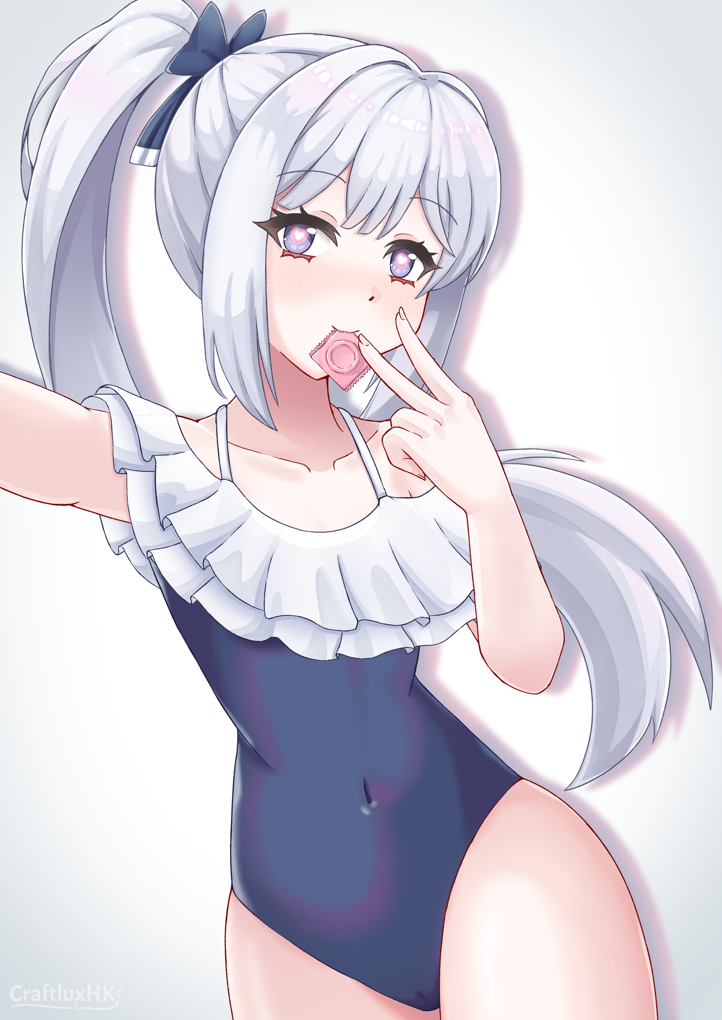 craftluxhk, miyako (blue archive), miyako (swimsuit) (blue archive), blue archive, absurdres, commentary, english commentary, highres, 1girl, blue one-piece swimsuit, casual one-piece swimsuit, condom, condom wrapper, covered navel, cowboy shot, frilled one-piece swimsuit, frills, grey hair, heart, heart in eye, long hair, looking at viewer, mouth hold, no halo, off-shoulder one-piece swimsuit, off shoulder, official alternate costume, one-piece swimsuit, ponytail, purple eyes, selfie, solo, swimsuit, symbol in eye, two-tone one-piece swimsuit, v