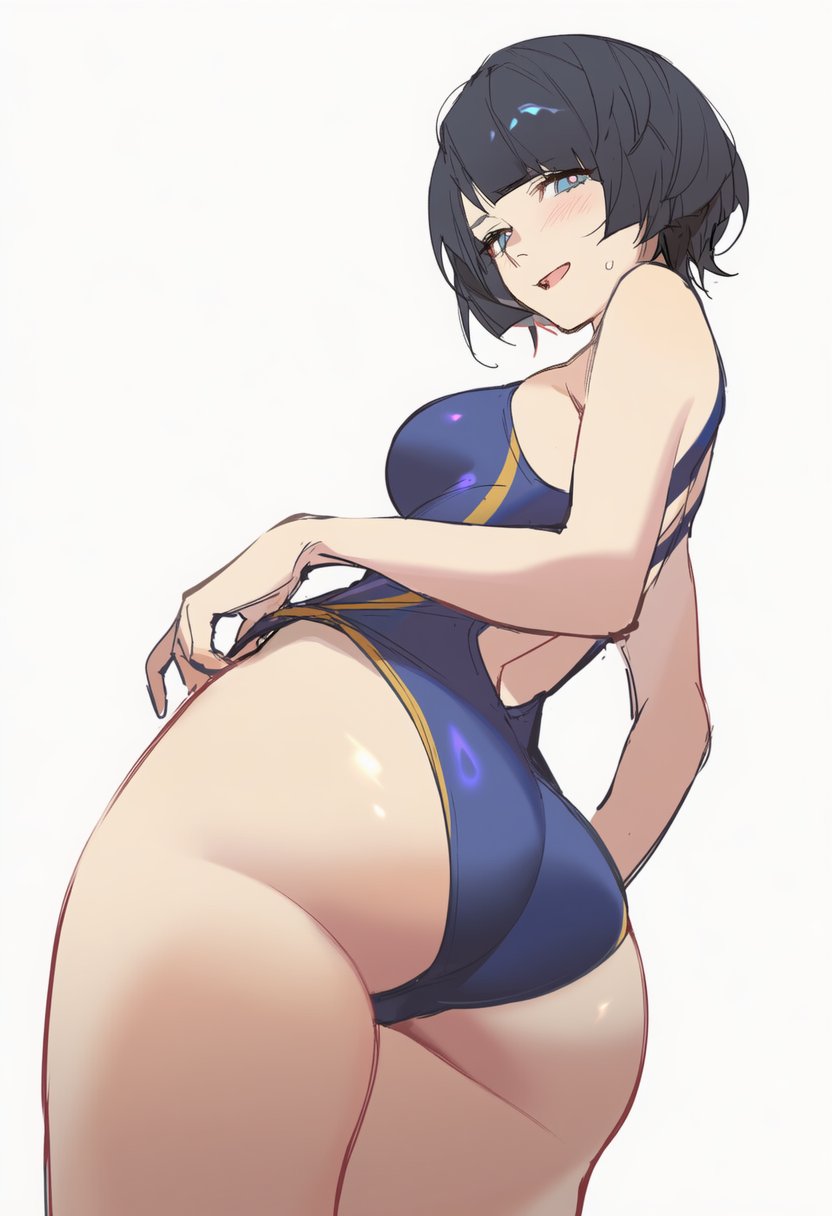 kisaragi shokuin, shiiko sugai, gundam, gundam gquuuuuux, commentary request, highres, 1girl, ass, black hair, blue eyes, blue one-piece swimsuit, bob cut, competition swimsuit, from below, looking at viewer, one-piece swimsuit, racerback, short hair, simple background, smile, solo, swimsuit, white background
