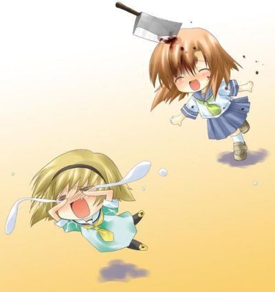 houjou satoko, ryuuguu rena, higurashi no naku koro ni, lowres, billhook, blood, brown hair, chibi, cleaver, fang, pantyhose, school uniform, serafuku, short hair, take it home, tears