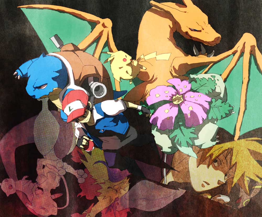 gesuidou (hephaestus1214), shita no naka, articuno, ash ketchum, blastoise, blue oak, charizard, gary oak, mew (pokemon), mewtwo, moltres, pikachu, umbreon, venusaur, zapdos, nintendo, pokemon, pokemon (anime), pokemon (classic anime), pokemon rgby, 1990s (style), 2boys, baseball cap, black hair, brown hair, child, dragon, fingerless gloves, gen 1 pokemon, gen 2 pokemon, gloves, hat, holding, holding poke ball, legendary pokemon, male focus, multiple boys, mythical pokemon, poke ball, pokemon (creature), retro artstyle, starter pokemon trio
