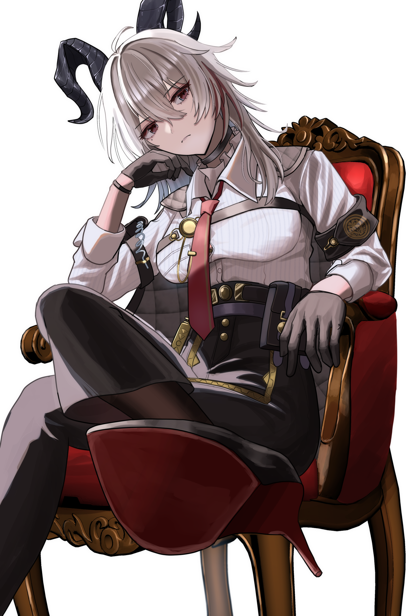 dinotodon, zani (wuthering waves), wuthering waves, absurdres, commentary, highres, 1girl, ahoge, arm pouch, armband, black armband, black choker, black gloves, black horns, black pants, black shoes, breasts, choker, closed mouth, collared shirt, crossed legs, curled horns, foot out of frame, gloves, hair between eyes, hand up, head rest, high-waist pants, high heels, horns, long hair, looking at viewer, medium breasts, mole, mole under eye, multicolored hair, necktie, pants, red eyes, red necktie, shirt, shirt tucked in, shoes, simple background, sitting, solo, streaked hair, white background, white shirt