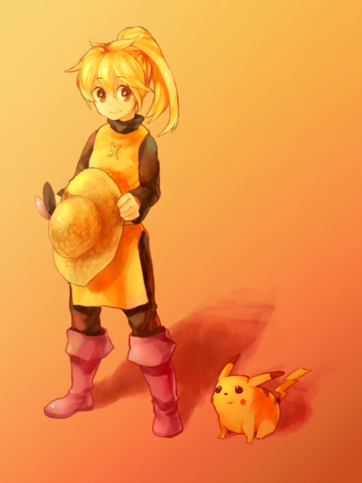 dada, dada (dolce), pikachu, yellow (pokemon), nintendo, pokemon, pokemon adventures, bad id, bad pixiv id, 1girl, blonde hair, gen 1 pokemon, hat, pokemon (creature), ponytail, straw hat, tabard, unworn hat, unworn headwear, yellow eyes