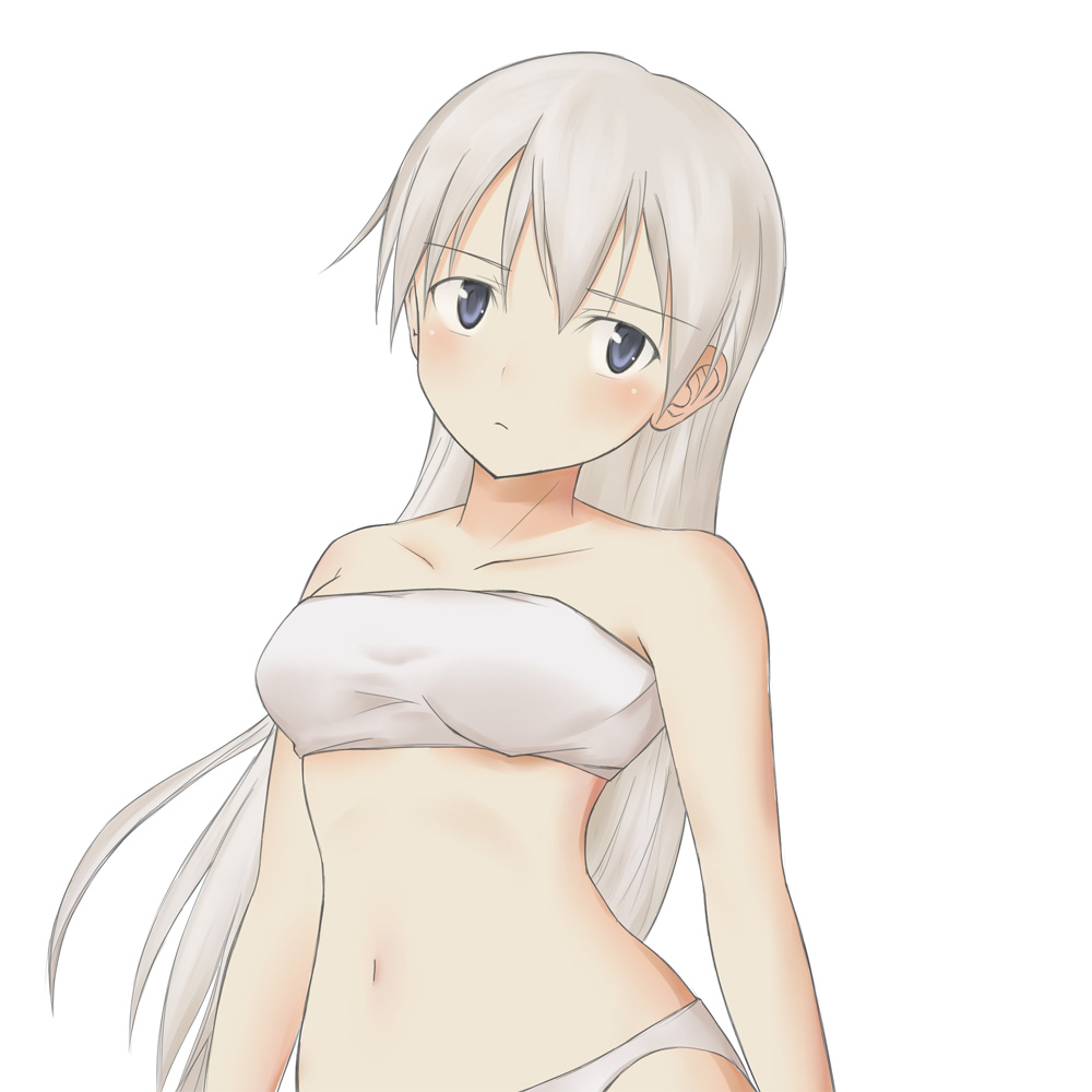 hani, eila ilmatar juutilainen, hanyu, strike witches, world witches series, silver hair, 00s, 1girl, bandeau bikini, blue eyes, blush, bra, female focus, lingerie, long hair, navel, panties, simple background, solo, underwear, underwear only