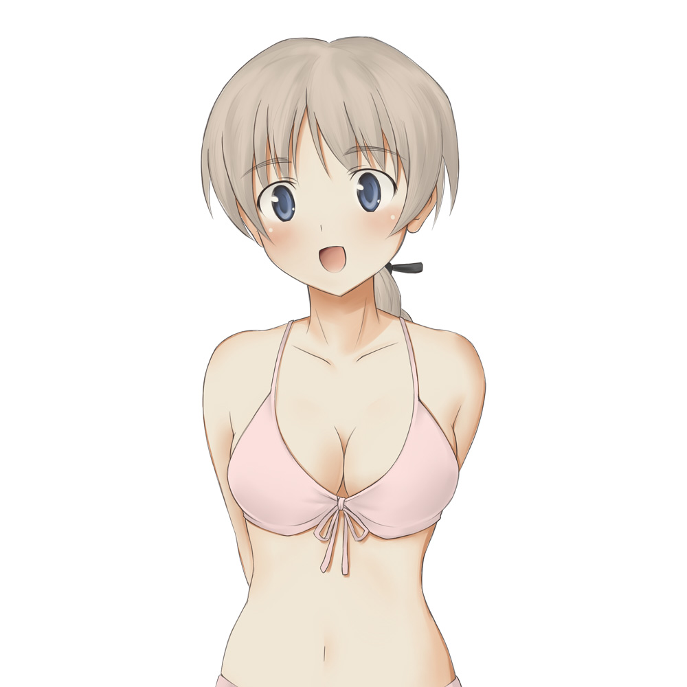 hani, lynette bishop, hanyu, strike witches, world witches series, 00s, 1girl, blue eyes, blush, bra, braid, breasts, brown hair, cleavage, female focus, front-tie top, lingerie, medium breasts, navel, panties, simple background, single braid, solo, underwear, underwear only