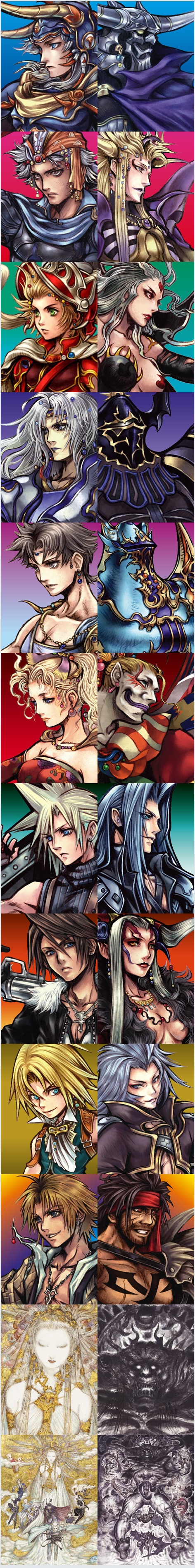 amano yoshitaka, nomura tetsuya, bartz klauser, cecil harvey, cefca palazzo, chaos (dff), cloud of darkness, cloud strife, cosmos (dff), emperor (ff2), exdeath, firion, garland (ff1), golbez, jecht, kuja, onion knight, sephiroth, squall leonhart, tidus, tina branford, ultimecia, warrior of light (ff1), zidane tribal, dissidia final fantasy, final fantasy, final fantasy ii, final fantasy iii, final fantasy iv, final fantasy ix, final fantasy v, final fantasy vi, final fantasy vii, final fantasy viii, final fantasy x, 1980s (style), absurdres, highres, long image, official art, tall image, 00s, 1990s (style), 4girls, 6+boys, everyone, in-franchise crossover, multiple boys, multiple girls, oldschool, profile, retro artstyle