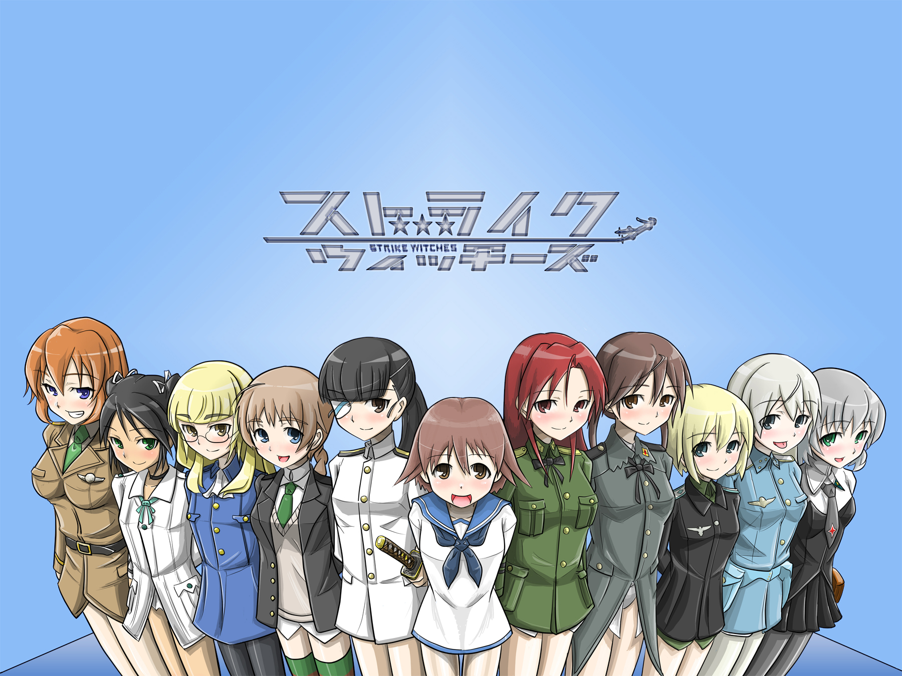 funa, charlotte e. yeager, eila ilmatar juutilainen, erica hartmann, francesca lucchini, gertrud barkhorn, lynette bishop, minna-dietlinde wilcke, miyafuji yoshika, perrine h. clostermann, sakamoto mio, sanya v. litvyak, strike witches, world witches series, highres, 00s, 501st joint fighter wing, 6+girls, everyone, multiple girls, panties, pantyhose, underwear, white pantyhose