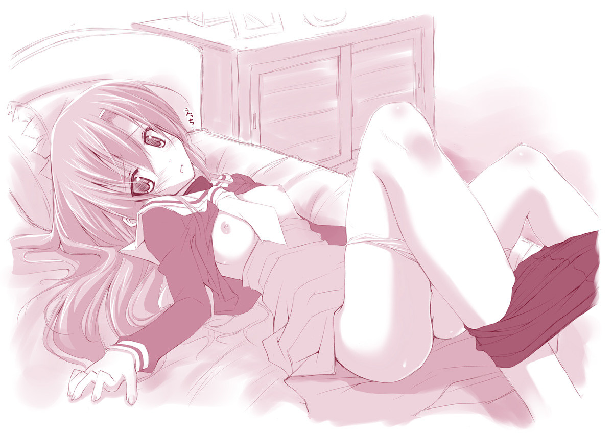 ruschuto, katsura hinagiku, hayate no gotoku!, translated, 00s, 1girl, bike shorts, breasts, clothes lift, clothes pull, female focus, long hair, lying, monochrome, panties, panty pull, school uniform, serafuku, shirt lift, shorts, shorts pull, small breasts, solo, underwear