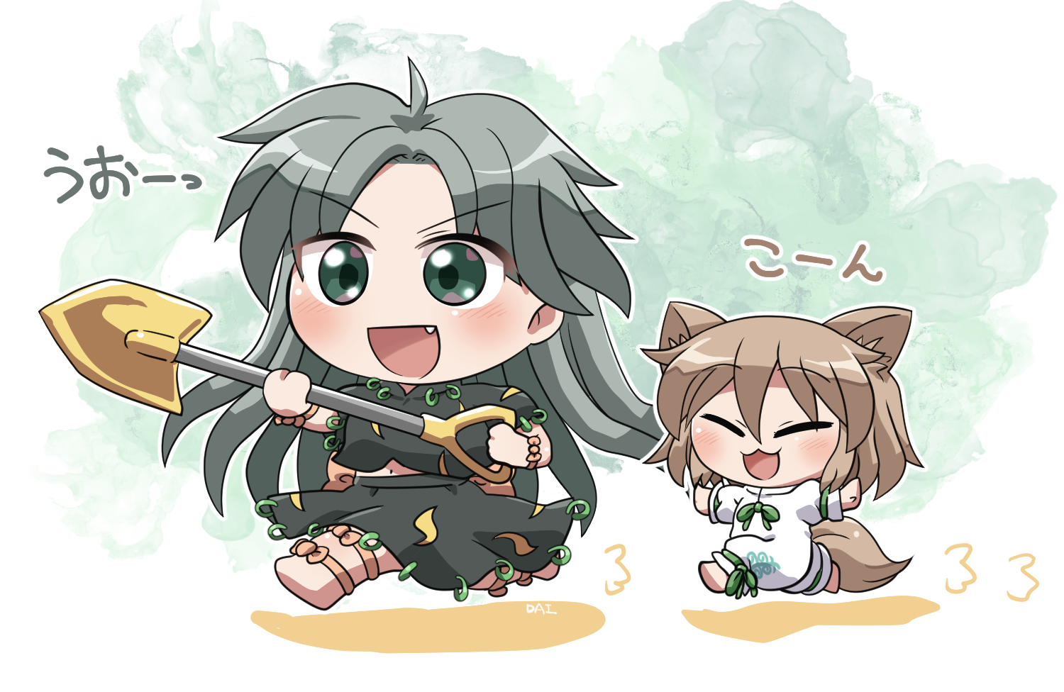 rokugou daisuke, himemushi momoyo, kudamaki tsukasa, touhou, commentary request, 2girls, :3, :d, animal ear fluff, animal ears, barefoot, black shirt, black skirt, blush, brown hair, chibi, chibi only, closed eyes, fang, fox ears, fox girl, fox tail, full body, green eyes, green hair, green ribbon, holding, holding shovel, ko~n, long hair, multiple girls, open mouth, parted bangs, ribbon, romper, running, shirt, short hair, short sleeves, shovel, signature, skirt, sleeve ribbon, smile, tail, v-shaped eyebrows, white romper
