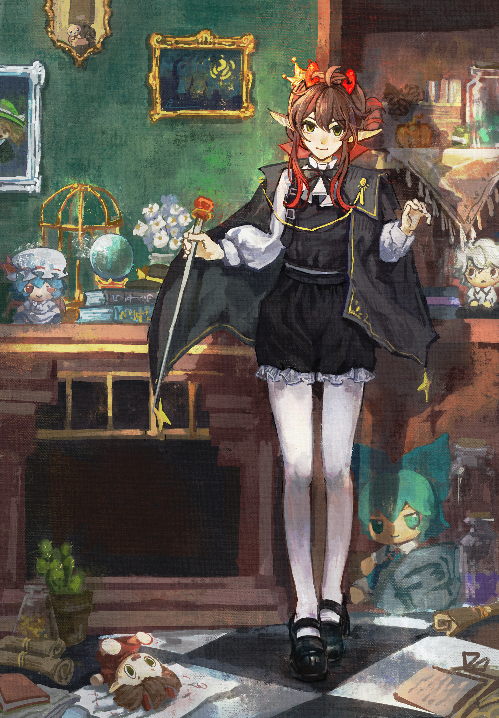 ge dazuo, cirno, remilia scarlet, original, touhou, character request, chinese commentary, commentary request, highres, 1girl, ahoge, black bow, black bowtie, black cloak, black dress, black shoes, bow, bowtie, brown hair, cane, cloak, closed mouth, dress, frilled dress, frills, full body, fumo (doll), green eyes, holding, holding cane, long hair, long sleeves, looking at viewer, mary janes, multicolored hair, pantyhose, pointy ears, shirt, shoes, smile, solo, standing, two-tone hair, white pantyhose, white shirt