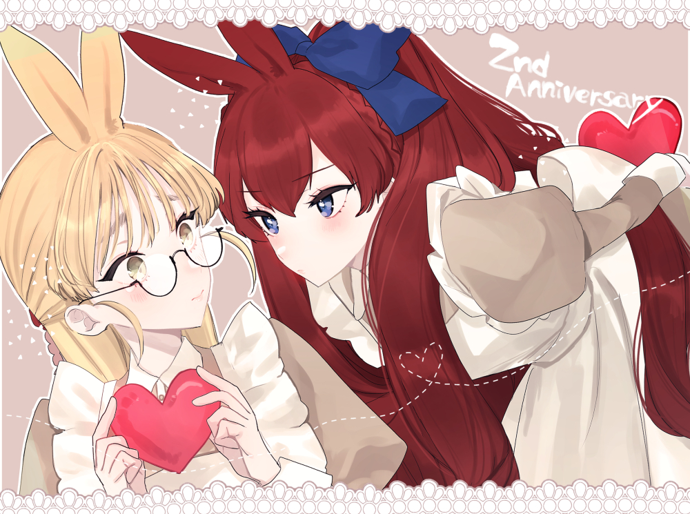 eurasia (wtp09ptw14), original, commentary request, 2girls, animal ears, annelise flagellum (niboshi), anniversary, apron, arms behind back, blonde hair, blue eyes, braid, brown dress, closed mouth, double-parted bangs, dress, eye contact, glasses, green eyes, heart, holding, holding heart, kemonomimi mode, long hair, long sleeves, looking at another, multiple girls, rabbit ears, rabbit girl, red hair, semi-rimless eyewear, troja von richtofen (eurasia), under-rim eyewear, upper body, white apron, wispy bangs, yuri