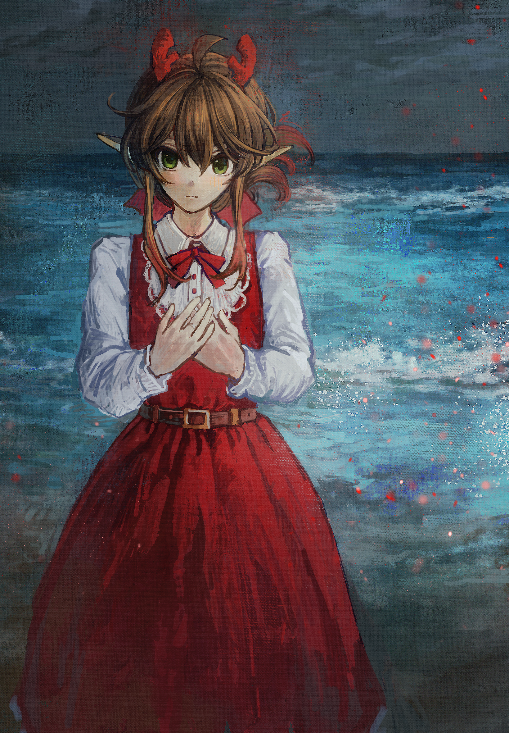 ge dazuo, original, chinese commentary, commentary request, highres, 1girl, ahoge, belt, bow, bowtie, brown belt, brown hair, closed mouth, collared shirt, dress, feet out of frame, green eyes, hair between eyes, hands on own chest, horns, long hair, long sleeves, looking at viewer, night, ocean, outdoors, pinafore dress, pointy ears, red bow, red bowtie, red dress, red horns, shirt, sleeveless, sleeveless dress, solo, standing, white shirt