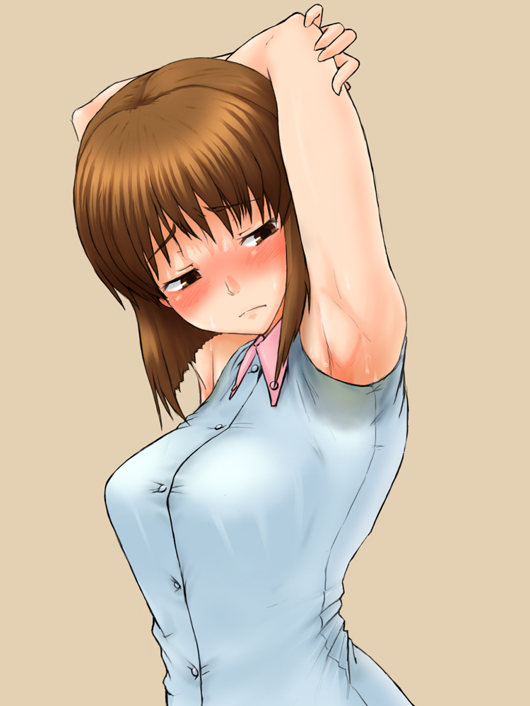 sakatashikibu, hagiwara yukiho, idolmaster, idolmaster (classic), idolmaster 1, 00s, 1girl, armpits, arms up, blush, bob cut, breasts, brown eyes, brown hair, female focus, large breasts, looking back, shirt, short hair, simple background, solo, sweat
