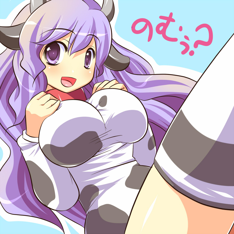 maki (seventh heaven maxion), ushi-oneesan, kumatanchi, bad id, bad pixiv id, 1girl, animal ears, animal print, breasts, collar, cow ears, cow girl, cow print, female focus, horns, huge breasts, purple eyes, purple hair, solo, thighhighs