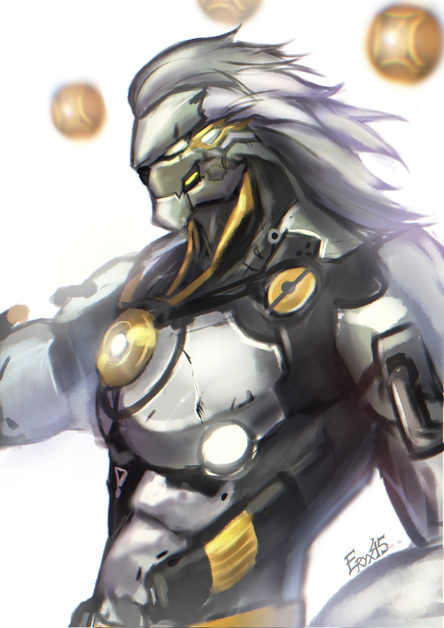 eryx45, zenless zone zero, commentary, english commentary, highres, 1boy, artist name, banyue (zenless zone zero), facing to the side, floating ball, from side, male focus, profile, robot, topless male, upper body, white background