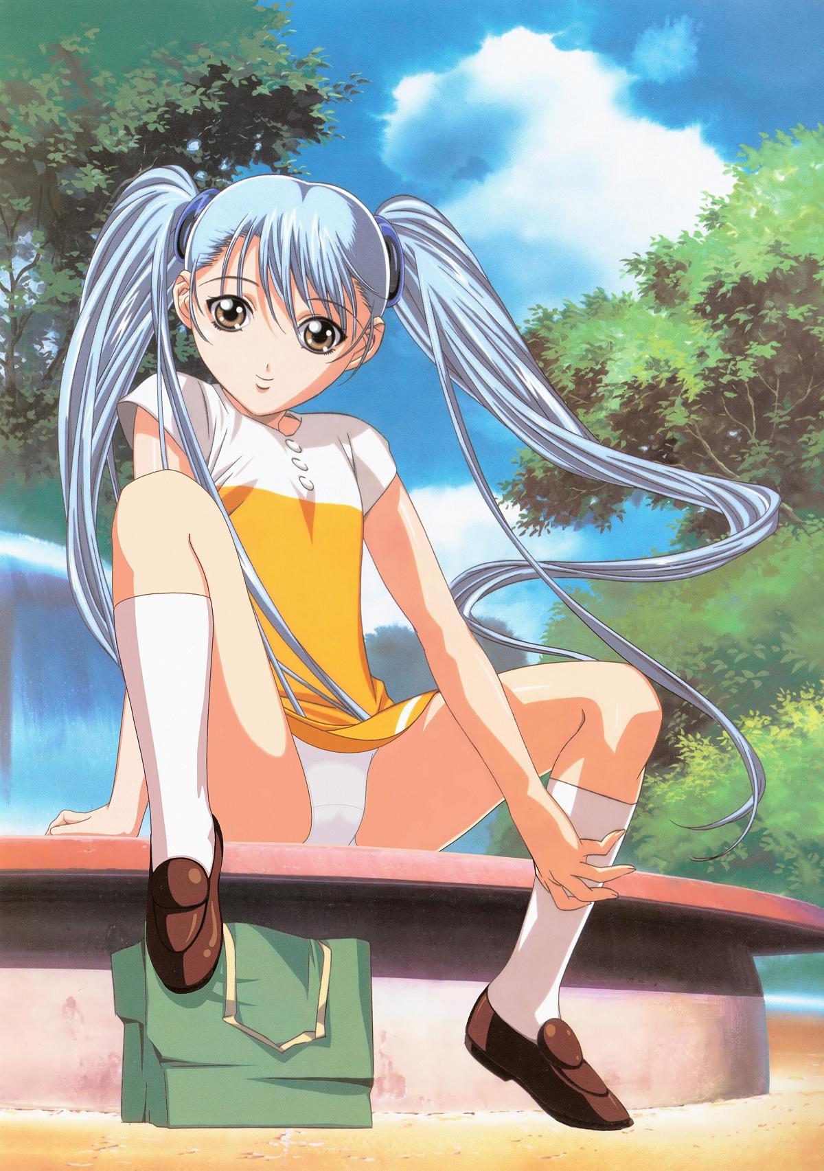 gotou keiji, hoshino ruri, kidou senkan nadesico, derivative work, highres, third-party edit, 1990s (style), 1girl, bag, blue hair, brown eyes, cloud, day, dress, female focus, fountain, long hair, panties, pantyshot, retro artstyle, sitting, sky, socks, solo, spread legs, tree, twintails, underwear