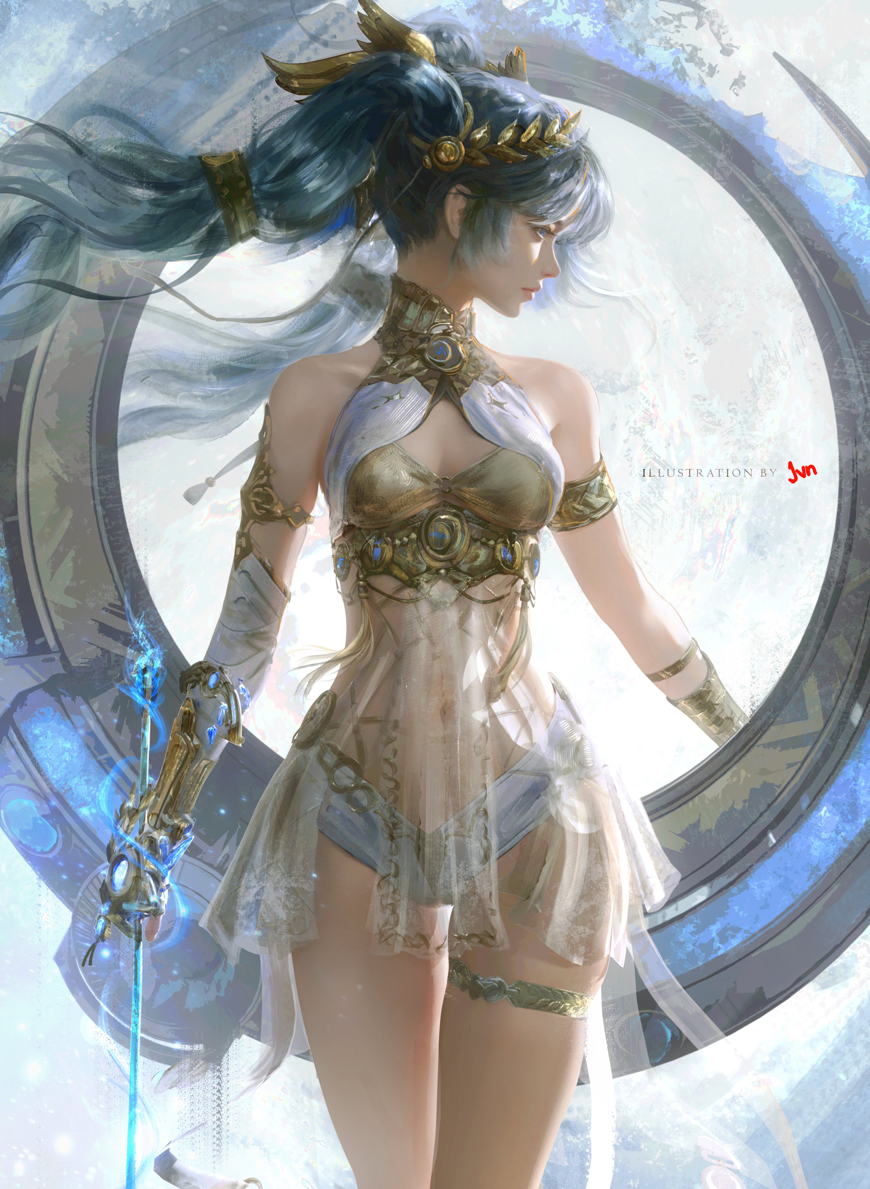 jvn, iuno (wuthering waves), wuthering waves, absurdres, commentary, english commentary, highres, 1girl, ancient greek clothes, armlet, arrow (projectile), artist name, bare shoulders, blue eyes, blue hair, breasts, cleavage, closed mouth, gold bra, greco-roman clothes, hair belt, holding, holding arrow, jewelry, laurel crown, long hair, looking to the side, medium breasts, navel, solo, thighlet, thighs, twintails, vambraces