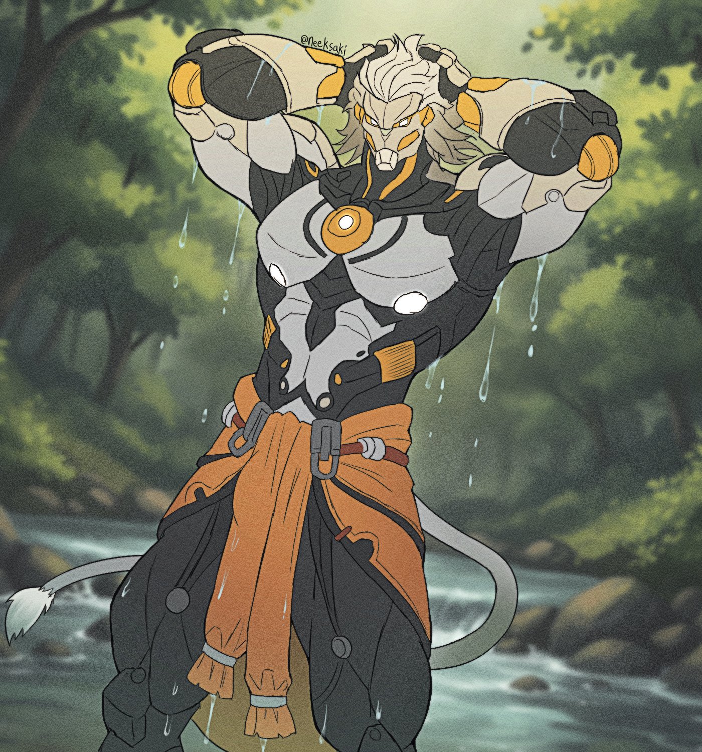 zenless zone zero, commentary, english commentary, highres, 1boy, artist name, banyue (zenless zone zero), facing viewer, forest, hands on own head, male focus, nature, neeksaki, river, robot, tail, topless male, wet, white hair