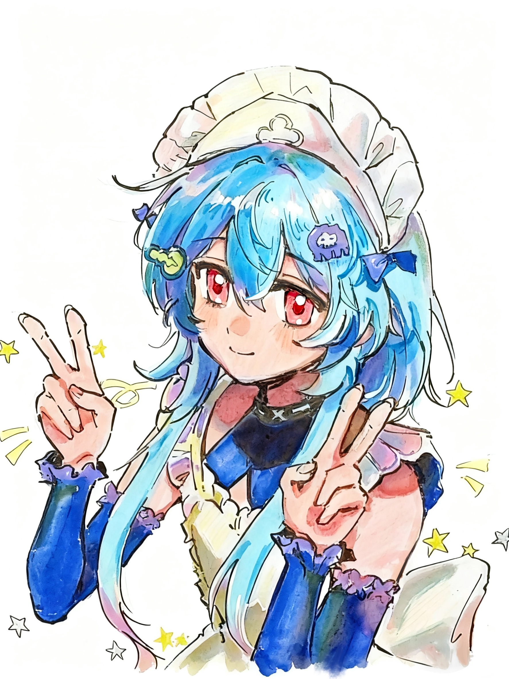 mizuki (arknights), arknights, highres, traditional media, 1boy, alternate costume, apron, blue hair, colored tips, crossdressing, crossdressing (mtf), detached sleeves, double v, downturned eyes, frilled apron, frilled sleeves, frills, hair between eyes, light blush, light smile, looking ahead, maid, maid headdress, male focus, male maid, mjjyyds, multicolored hair, pink eyes, short hair with long locks, v, white apron