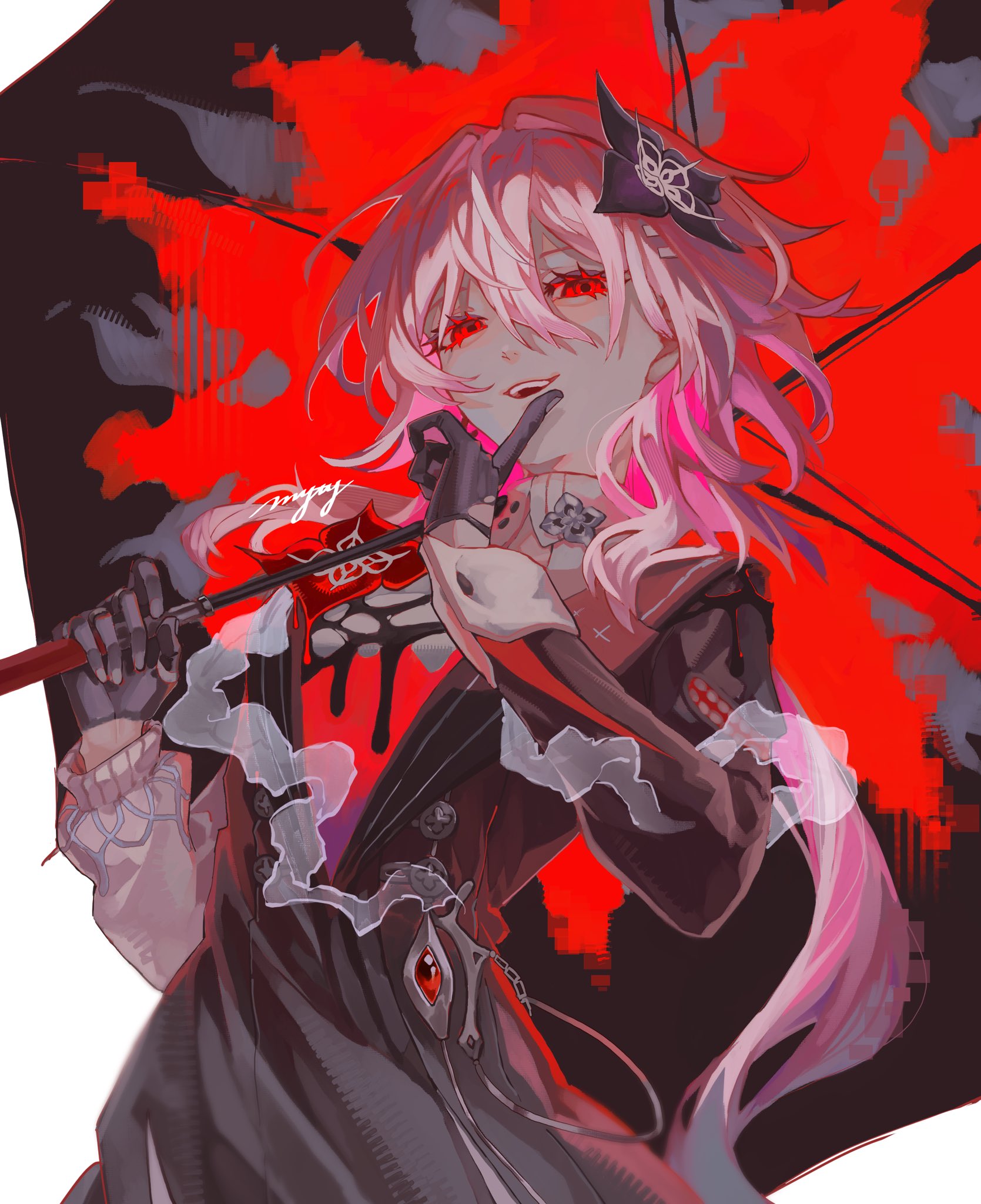evernight (honkai: star rail), march 7th (honkai: star rail), honkai: star rail, honkai (series), highres, 1girl, asymmetrical sleeves, black dress, black flower, black gloves, dress, flower, gem, gloves, hair flower, hair ornament, hairclip, holding, holding umbrella, long hair, mismatched sleeves, myty9395, official alternate eye color, parallel hairclips, pink hair, red eyes, red flower, red gemstone, teeth, umbrella, upper body, upper teeth only, very long hair