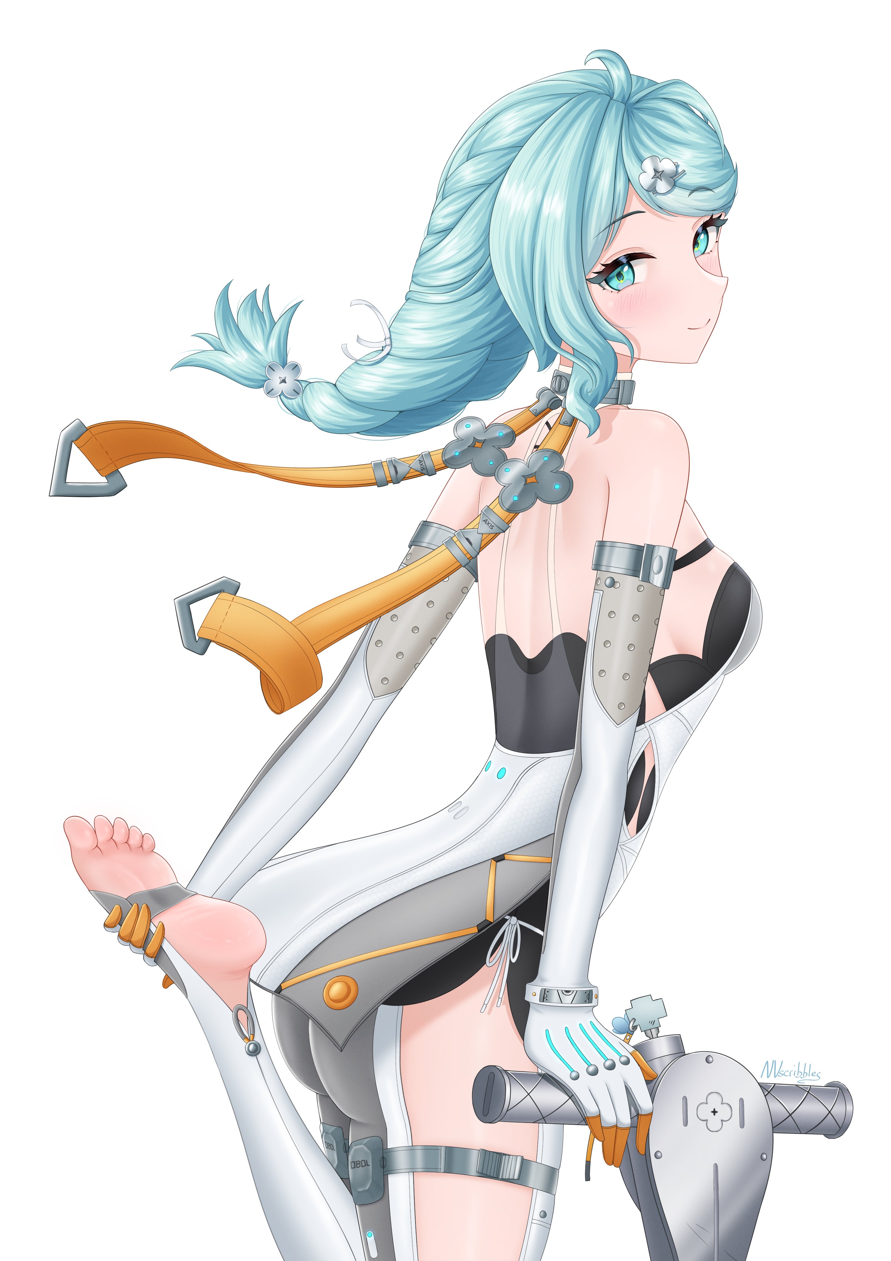nights viper, seed (zenless zone zero), zenless zone zero, absurdres, commentary, highres, 1girl, ahoge, aqua eyes, bare shoulders, blue eyes, blue hair, blush, braid, breasts, elbow gloves, feet, gloves, green eyes, hair ornament, long hair, looking at viewer, mole, mole on shoulder, smile, solo, toeless legwear, toes, white background, white gloves