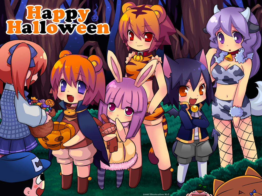 kuma-tan, maguro-san, neko-kun, rabi-tan, sumomo (kumatanchi), tora-oneesan, ushi-oneesan, kumatanchi, 2boys, 5girls, animal costume, animal ears, animal print, bat wings, bear ears, bell, black hair, bloomers, blue eyes, breasts, brown eyes, brown hair, bubble skirt, cat ears, cat tail, collar, costume, cow ears, cow girl, fang, fishnet pantyhose, fishnets, halloween, happy halloween, horns, huge breasts, jack-o'-lantern, long hair, multiple boys, multiple girls, neck bell, orange hair, pantyhose, pink hair, pumpkin, purple eyes, purple hair, rabbit ears, red eyes, short hair, shorts, skirt, tail, thighhighs, tiger costume, tiger print, twintails, underwear, wings