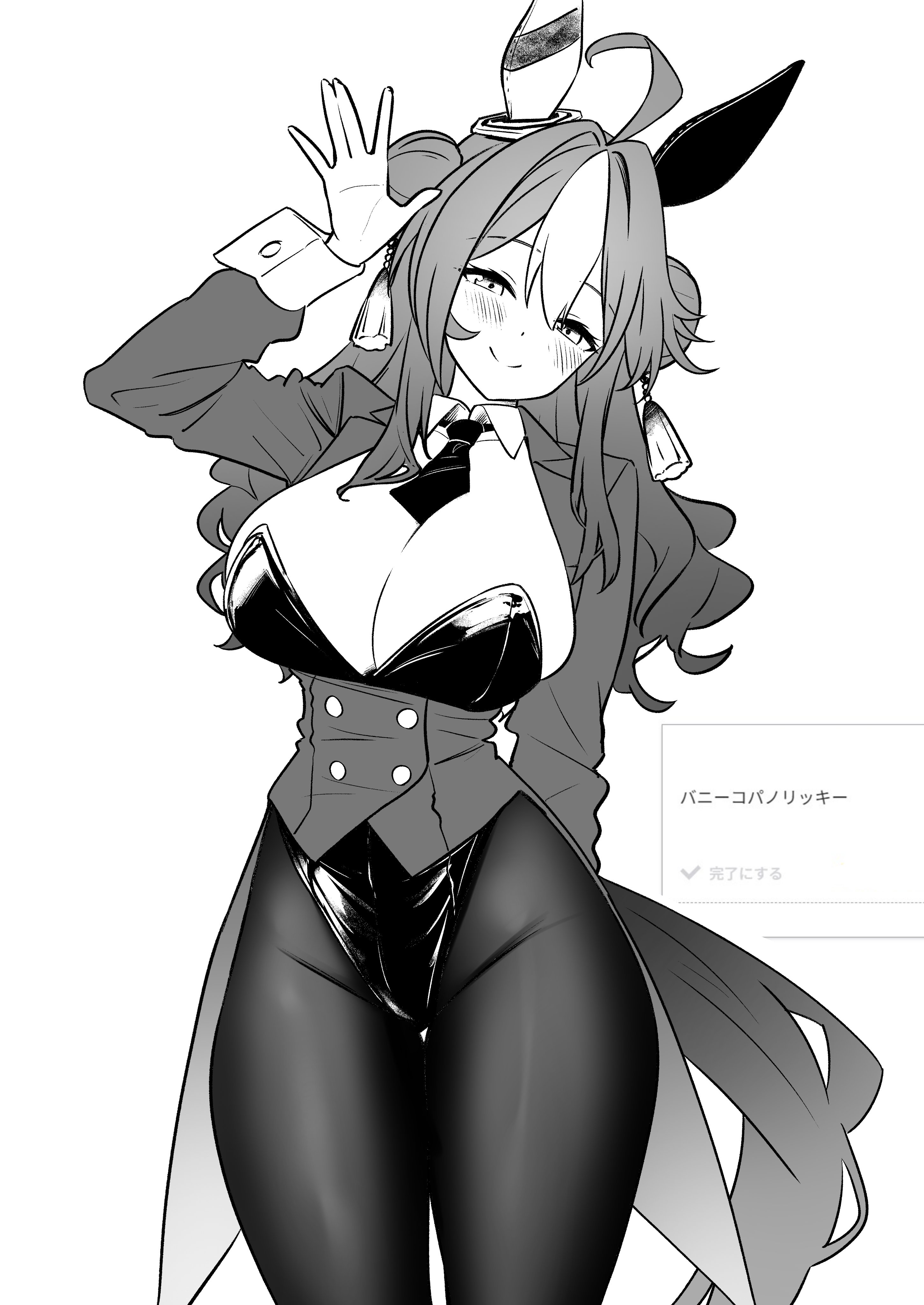 herohero (higashi no dou), copano rickey (umamusume), umamusume, absurdres, commentary request, highres, 1girl, ahoge, animal ears, between breasts, blush, breasts, cleavage, closed mouth, double bun, ear covers, hair between eyes, hair bun, hair ornament, horse ears, horse girl, horse tail, huge ahoge, large breasts, leotard, long hair, looking at viewer, mismatched animal ear colors, multicolored hair, necktie, necktie between breasts, nontraditional playboy bunny, request inset, simple background, smile, solo, strapless, strapless leotard, streaked hair, tail, tailcoat playboy bunny, tassel, tassel hair ornament, white background, wrist cuffs